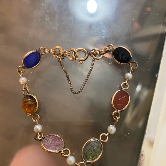 Vintage 12K Gold Filled Multi Stone Scarab Beetle Link Bracelet Artisan Handmade - Picture 3 of 5